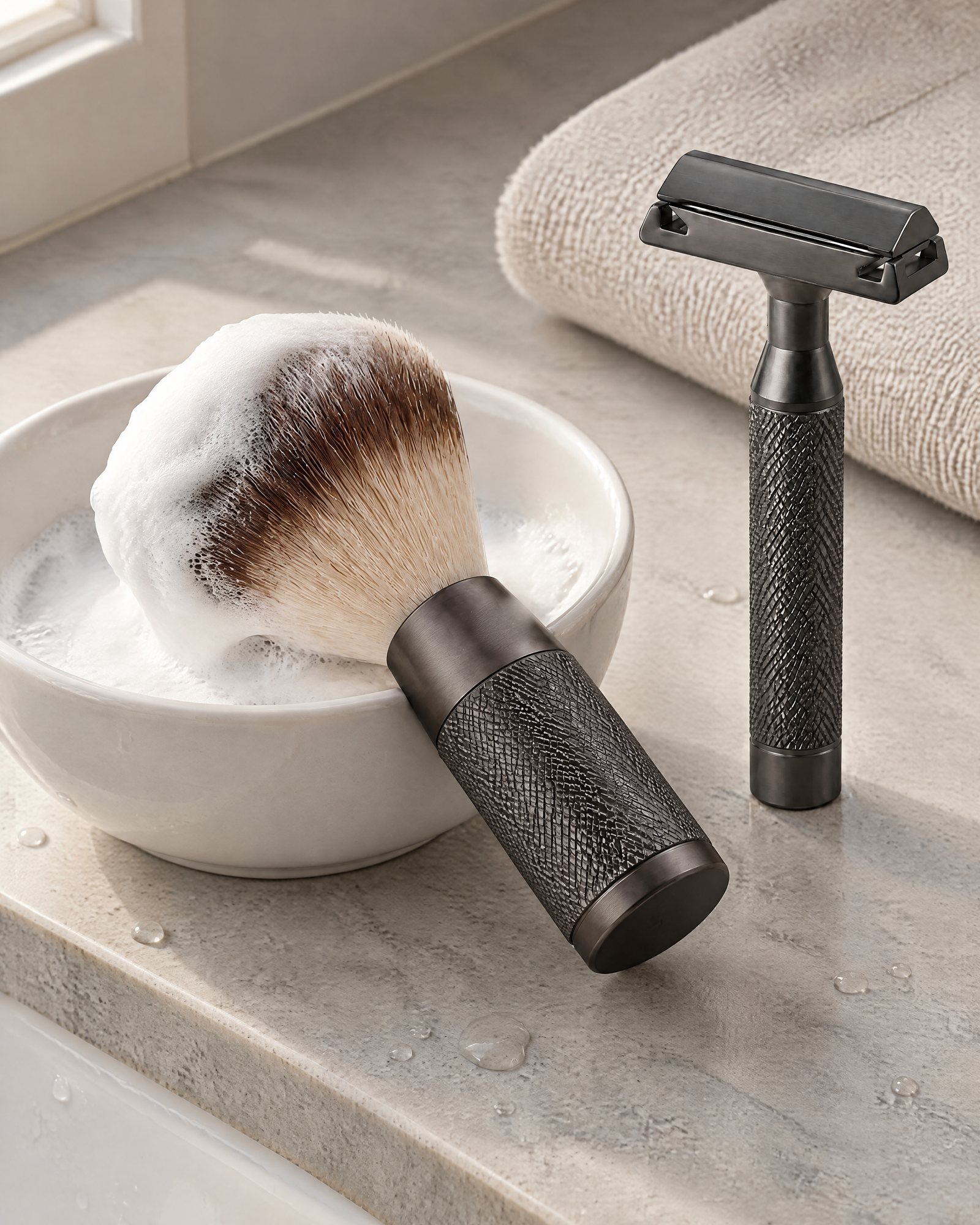 The shaving brush loaded with lather on a white bowl, the graphite razor standing beside it