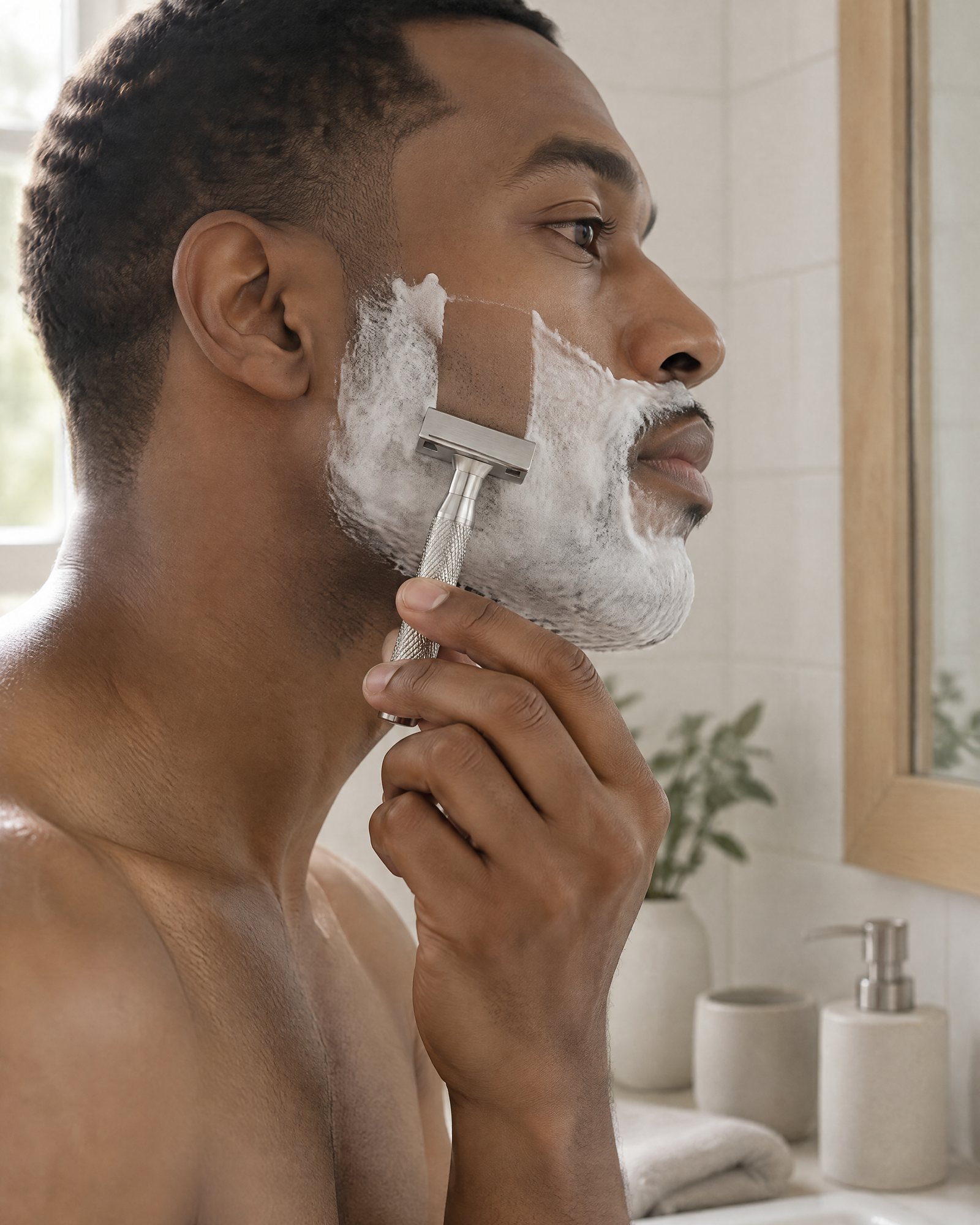 A man shaving in the morning light, the razor laid almost flat on his lathered cheek